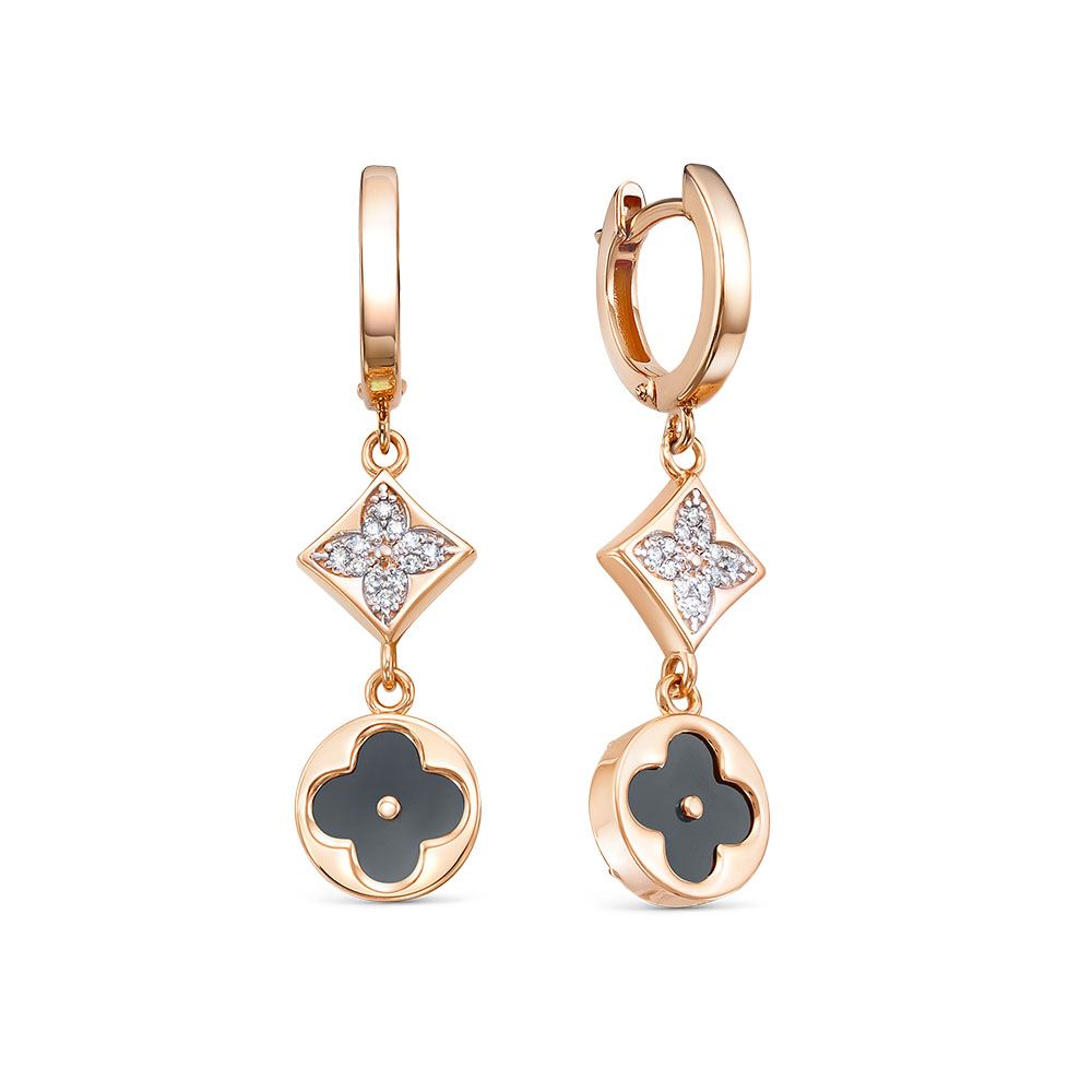 Серьги из золота с камнем Фианит, Оникс фото, цены