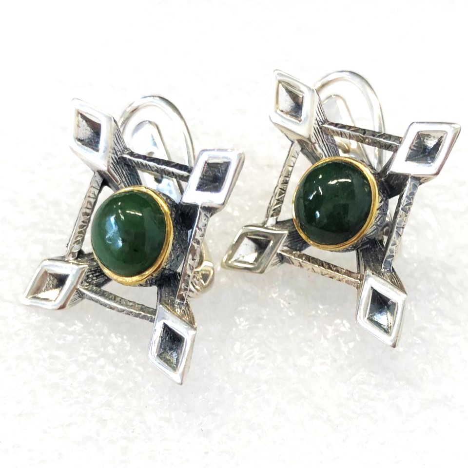 Серьги из серебра с камнем Нефрит фото, цены