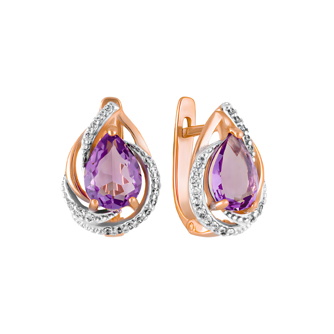 Серьги из золота с камнем аметист, Фианит фото, цены