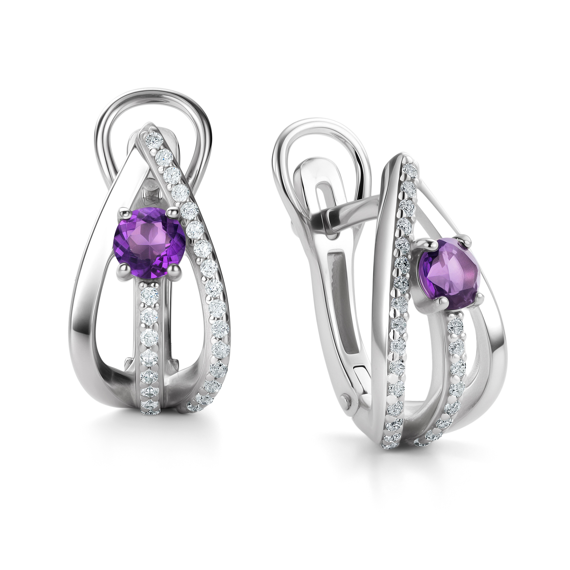 Серьги из серебра с камнем аметист, Фианит фото, цены