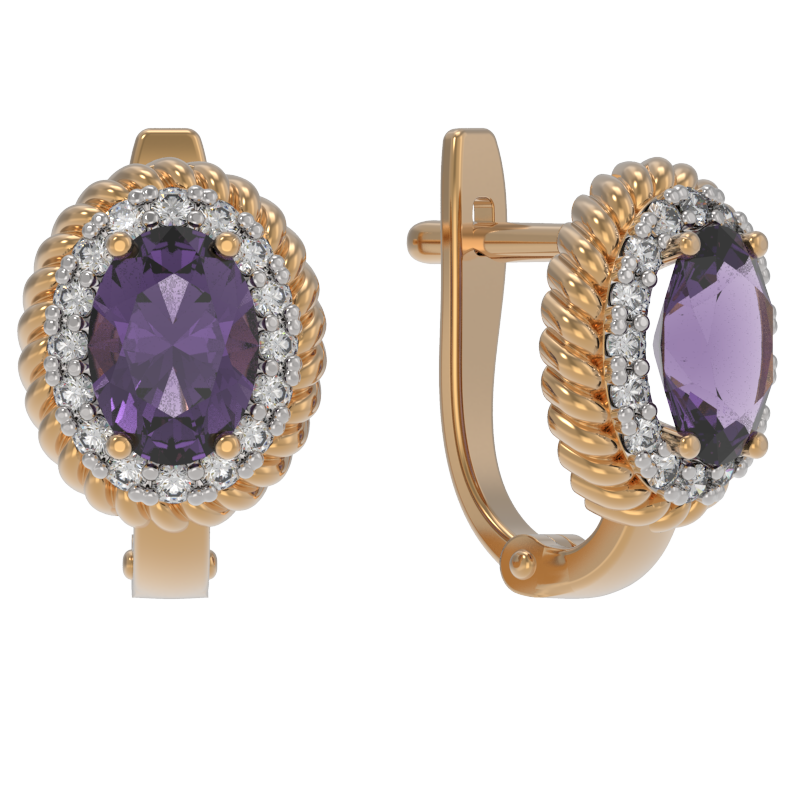 Серьги из золота с камнем аметист, Фианит фото, цены