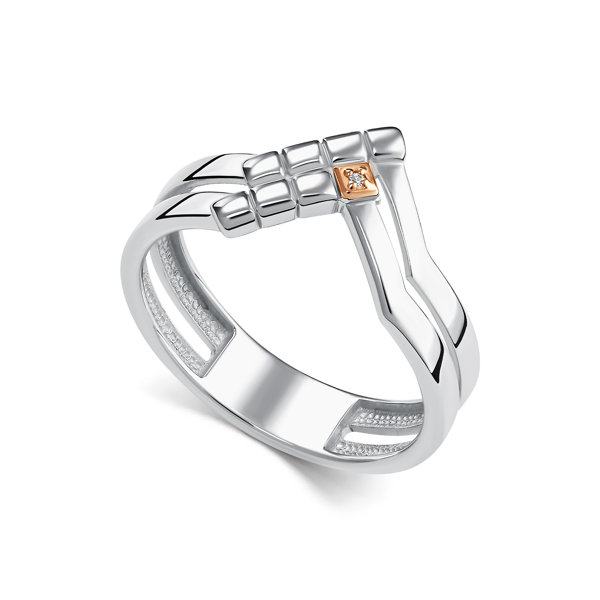 Кольцо из серебра с камнем Бриллиант, вставками золота фото, цены