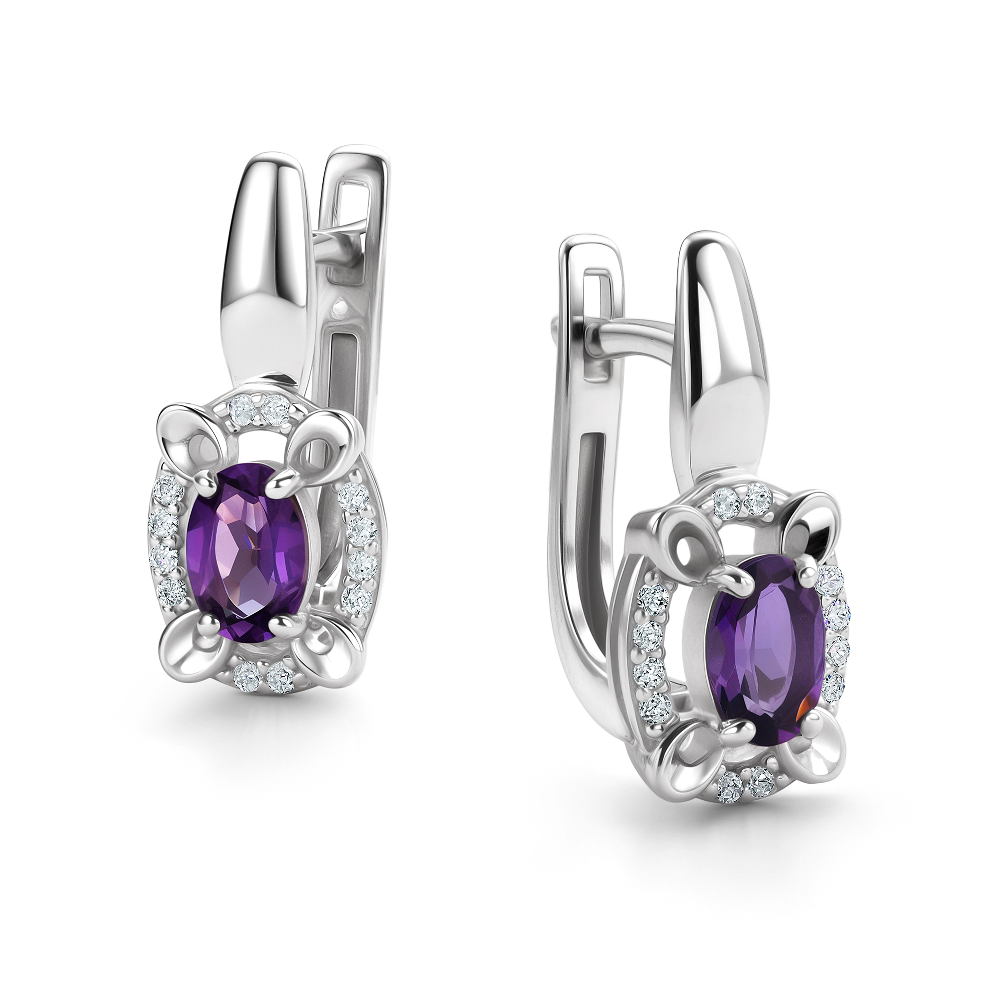 Серьги из серебра с камнем аметист, Фианит фото, цены