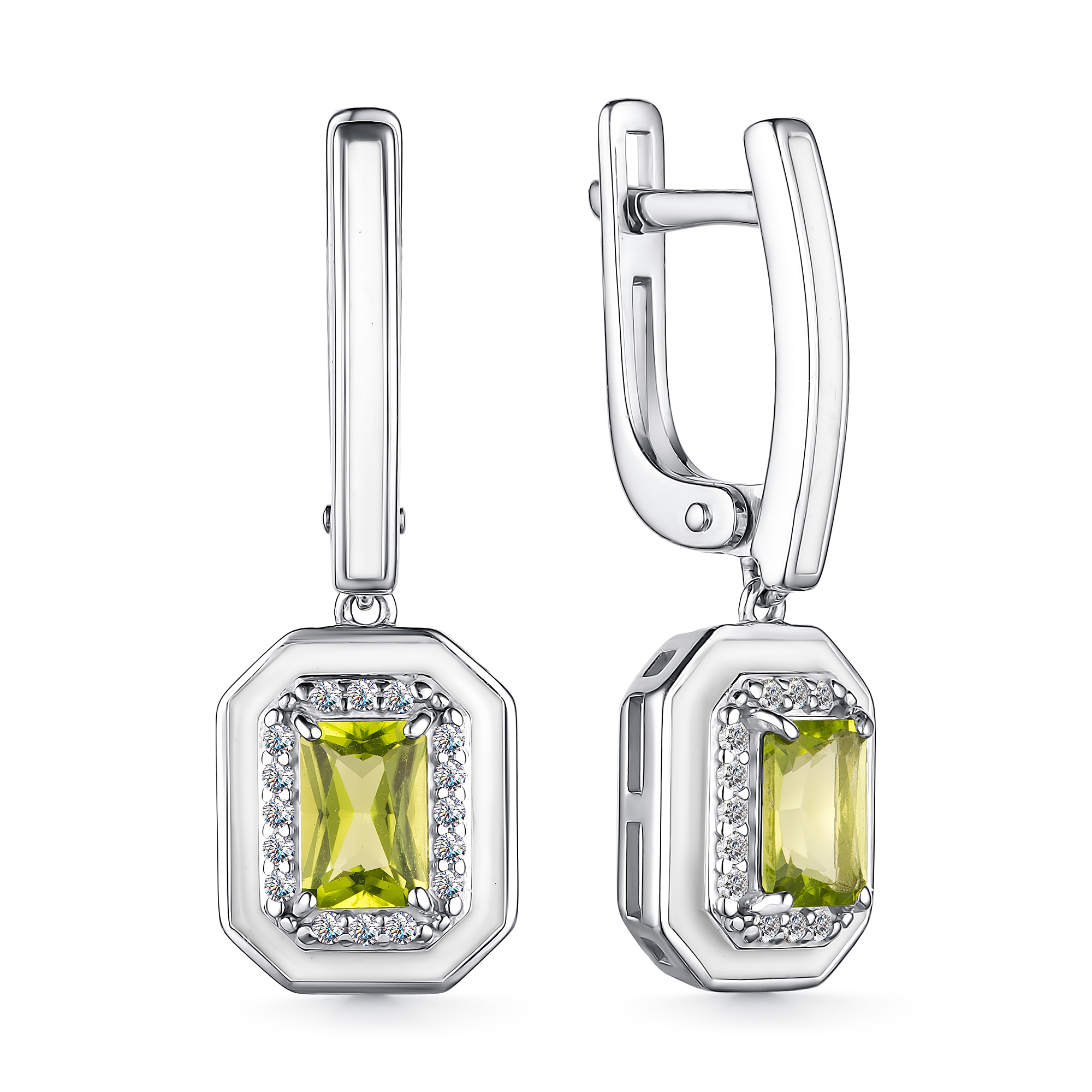 Серьги из серебра с камнем Хризолит, Фианит, вставками эмали фото, цены