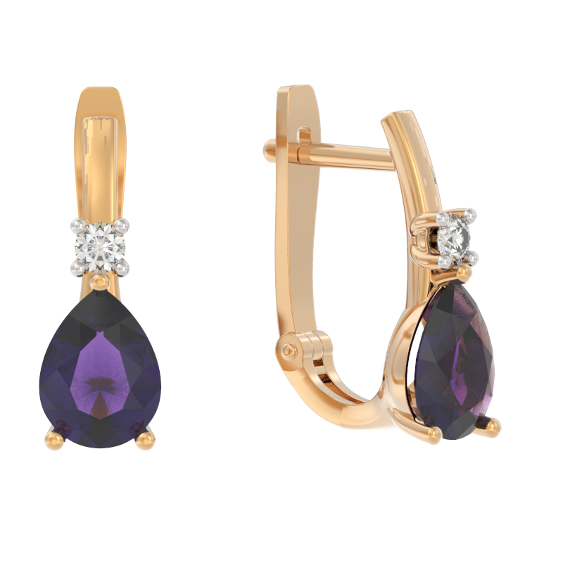 Серьги из золота с камнем аметист, Фианит фото, цены