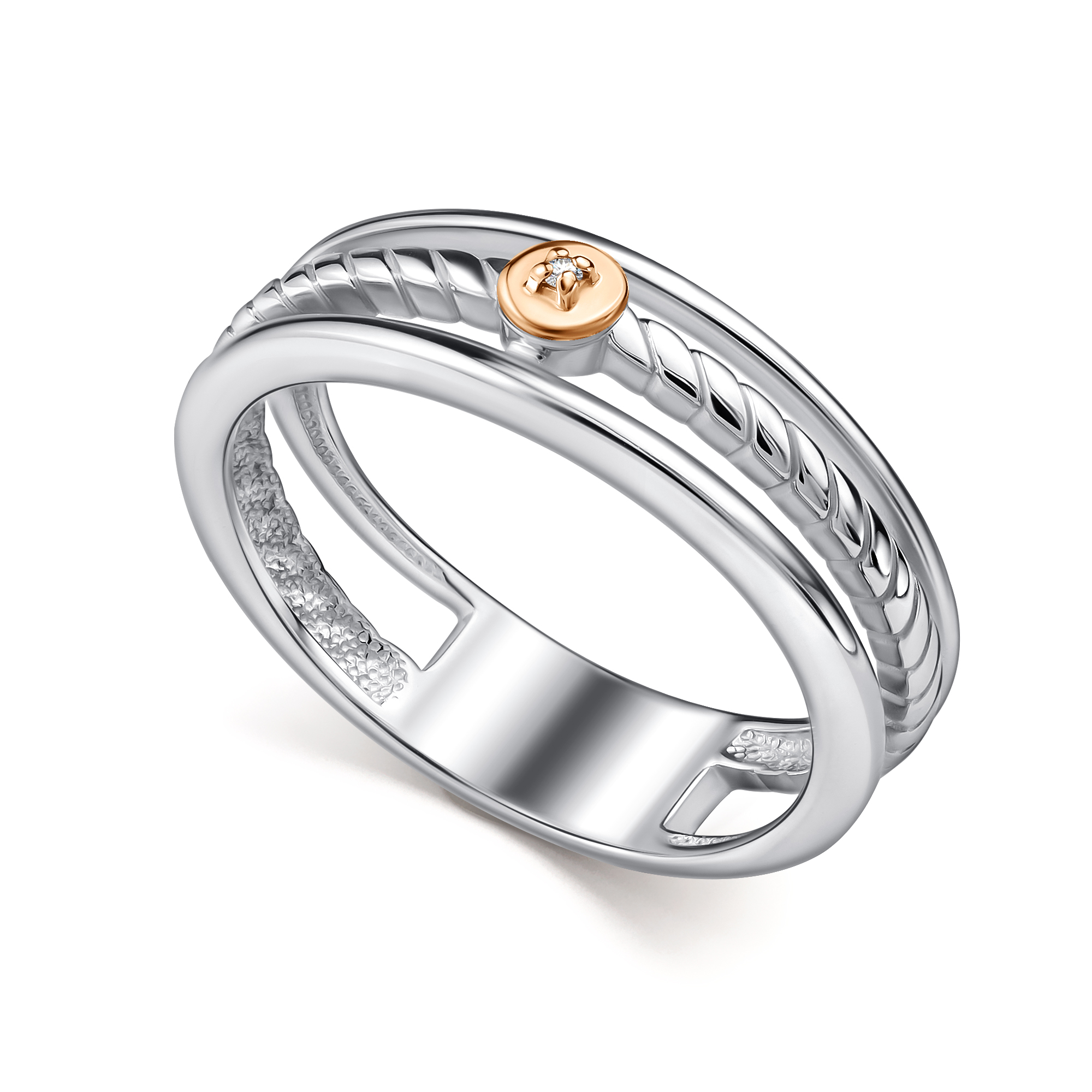 Кольцо из серебра с камнем Бриллиант, вставками золота фото, цены