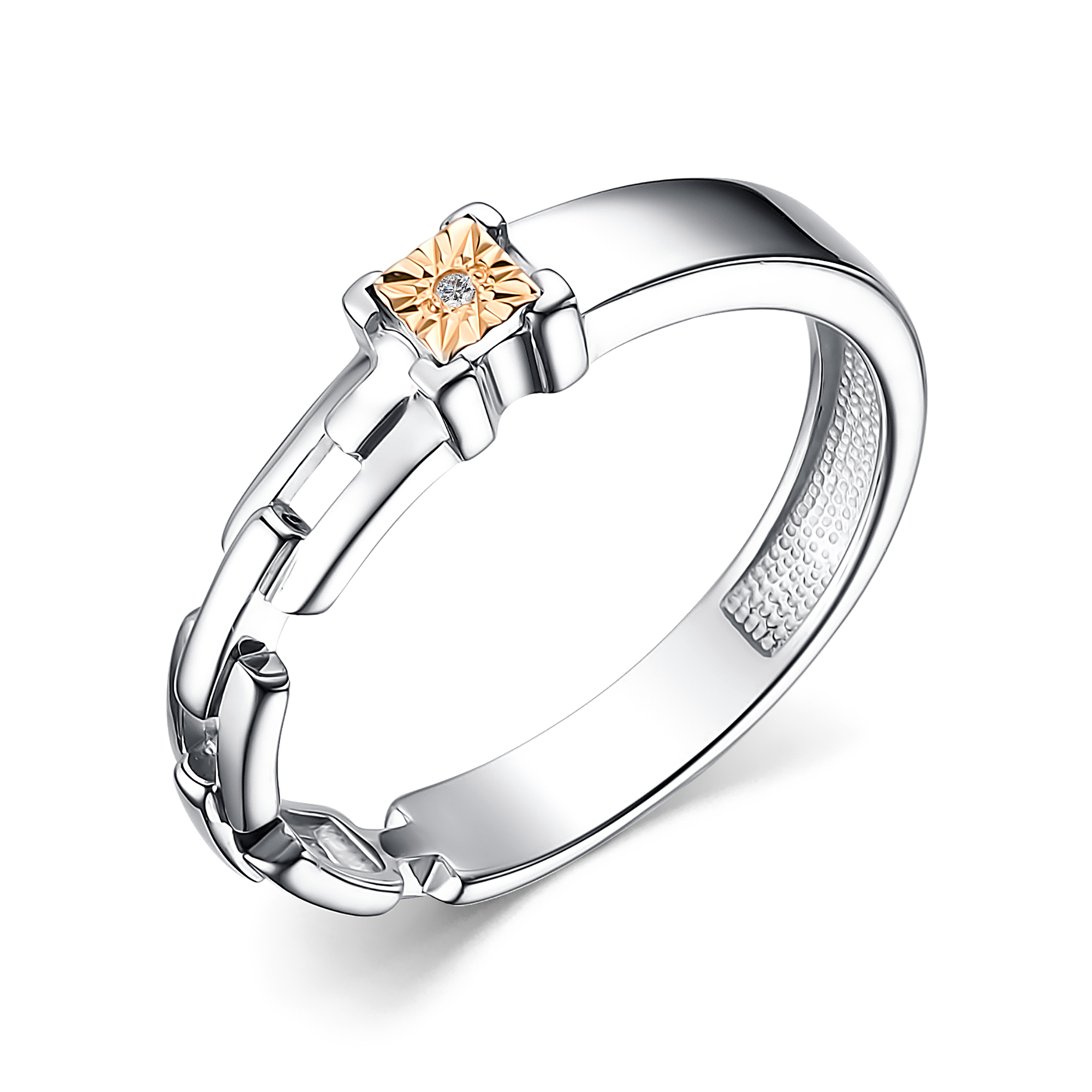 Кольцо из серебра с камнем Бриллиант, вставками золота фото, цены