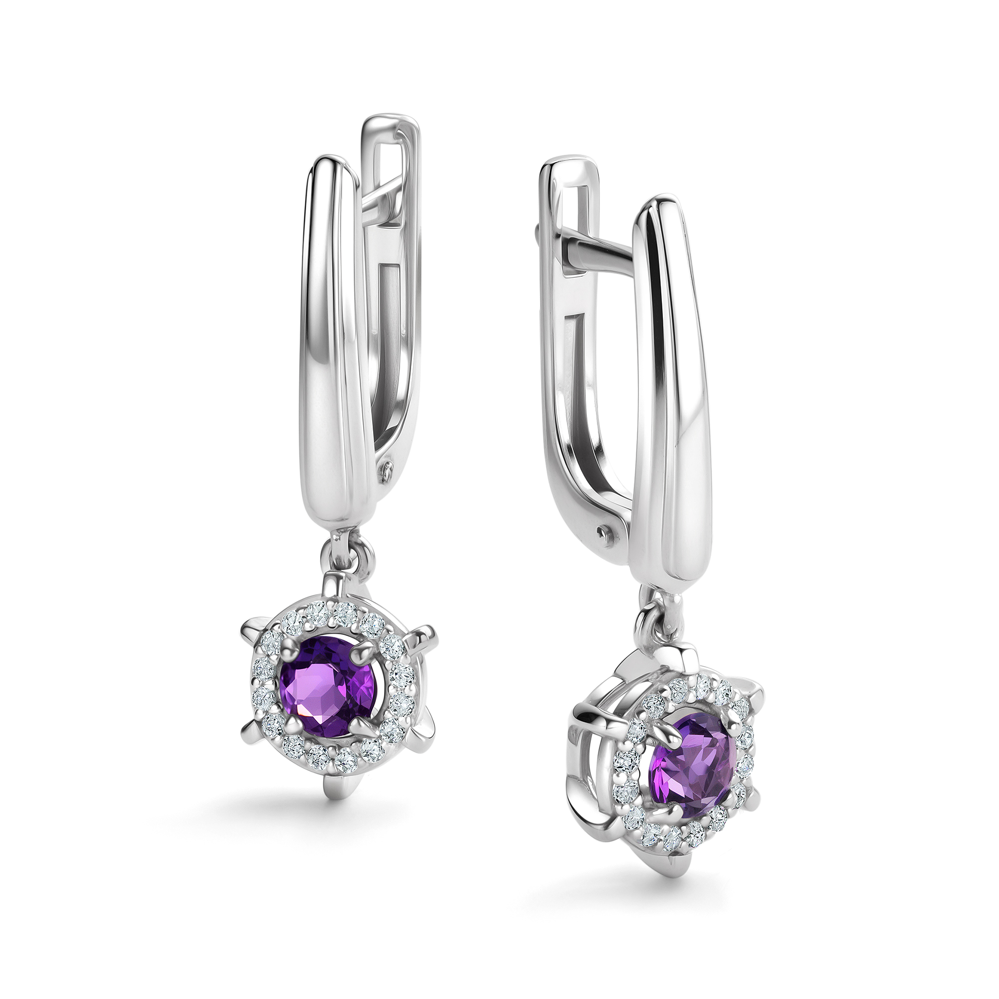 Серьги из серебра с камнем аметист, Фианит фото, цены