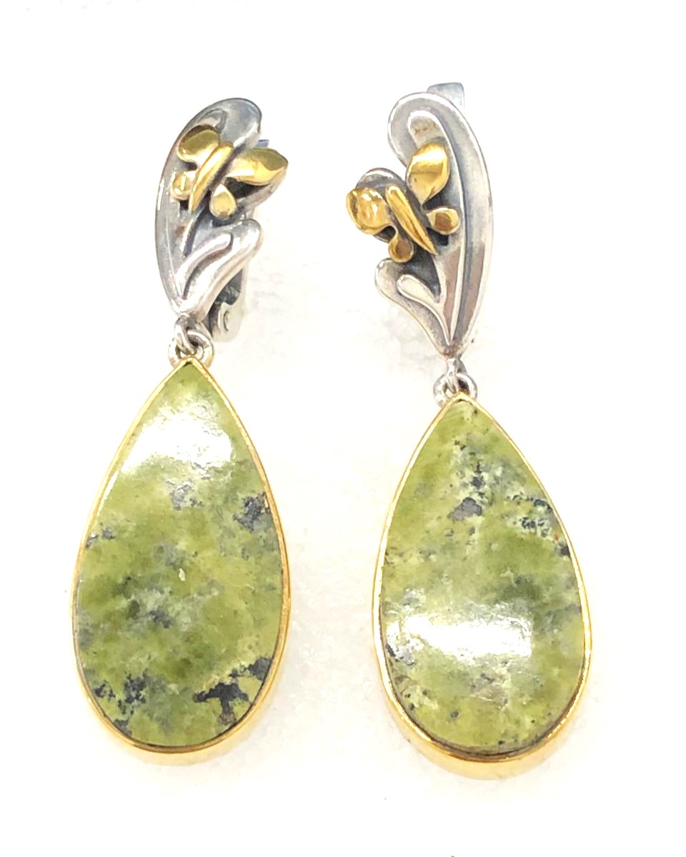 Серьги из серебра с камнем Змеевик фото, цены