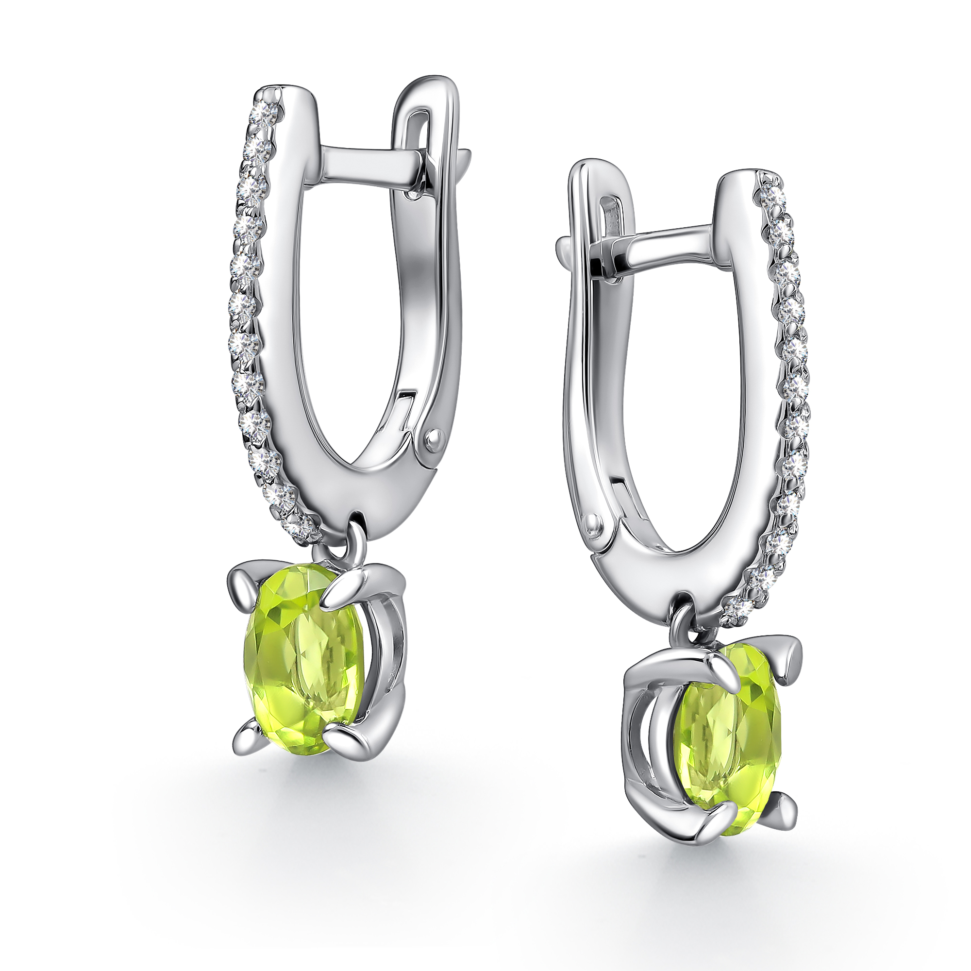 Серьги из серебра с камнем Хризолит, Фианит фото, цены