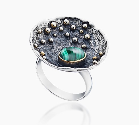 Кольцо из серебра с камнем Малахит фото, цены