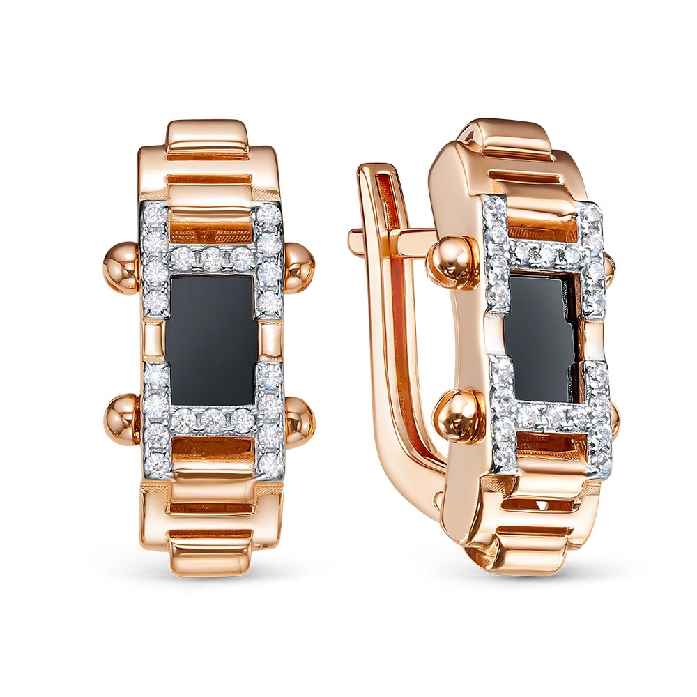 Серьги из золота с камнем Фианит, Оникс фото, цены